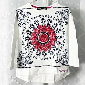 36 🎄 381. DESIGUAL girls white & navy blue paisley long sleeve shirt red accents